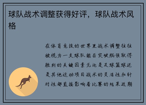 球队战术调整获得好评，球队战术风格