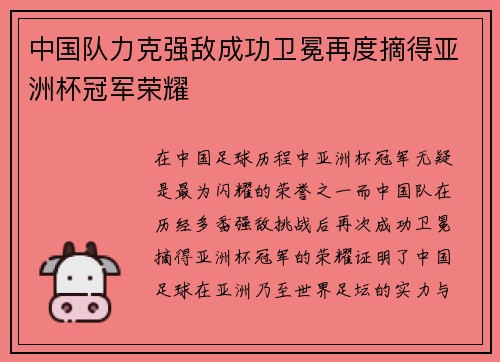 中国队力克强敌成功卫冕再度摘得亚洲杯冠军荣耀